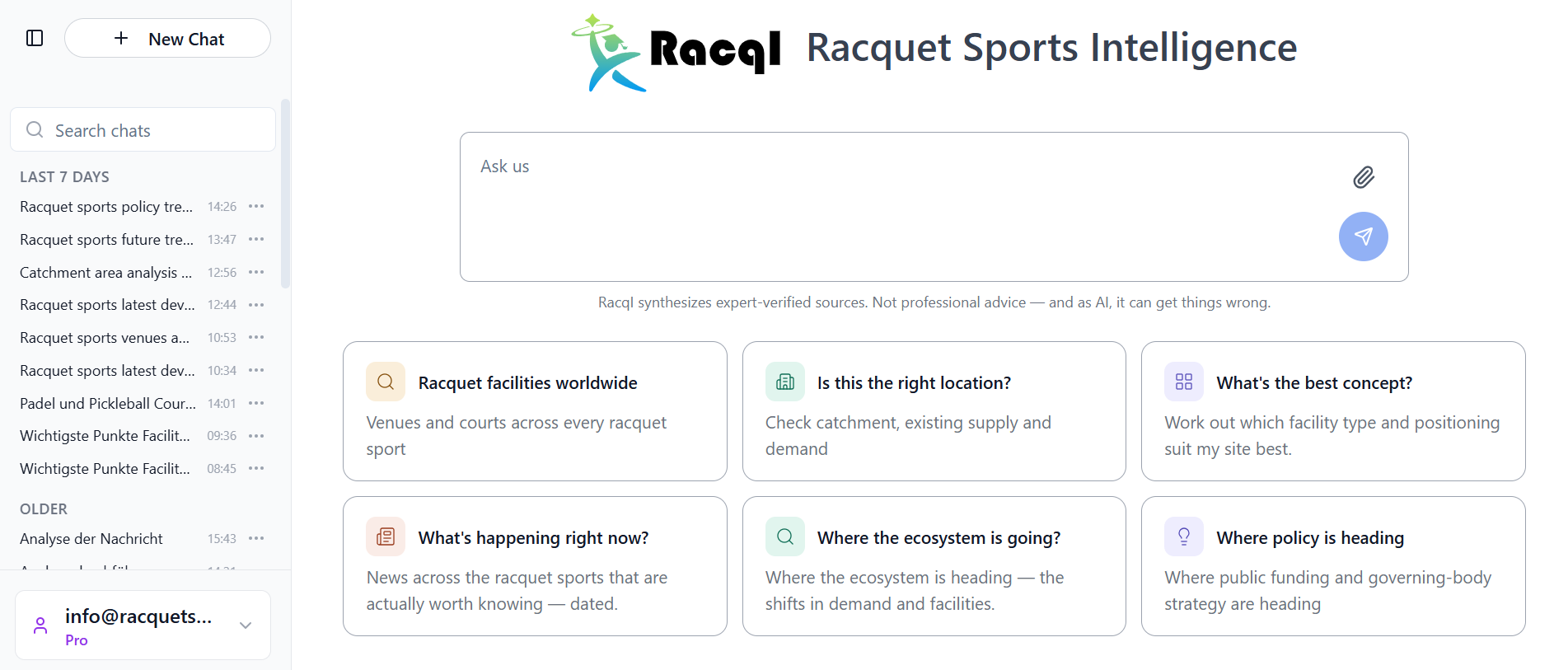 The RacqI app — ask a question, get a sourced answer